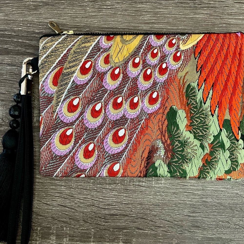 Multicolor Peacock Floral Tapestry Wristlet Bag Zip Pouch Tassel - Picture 7 of 14